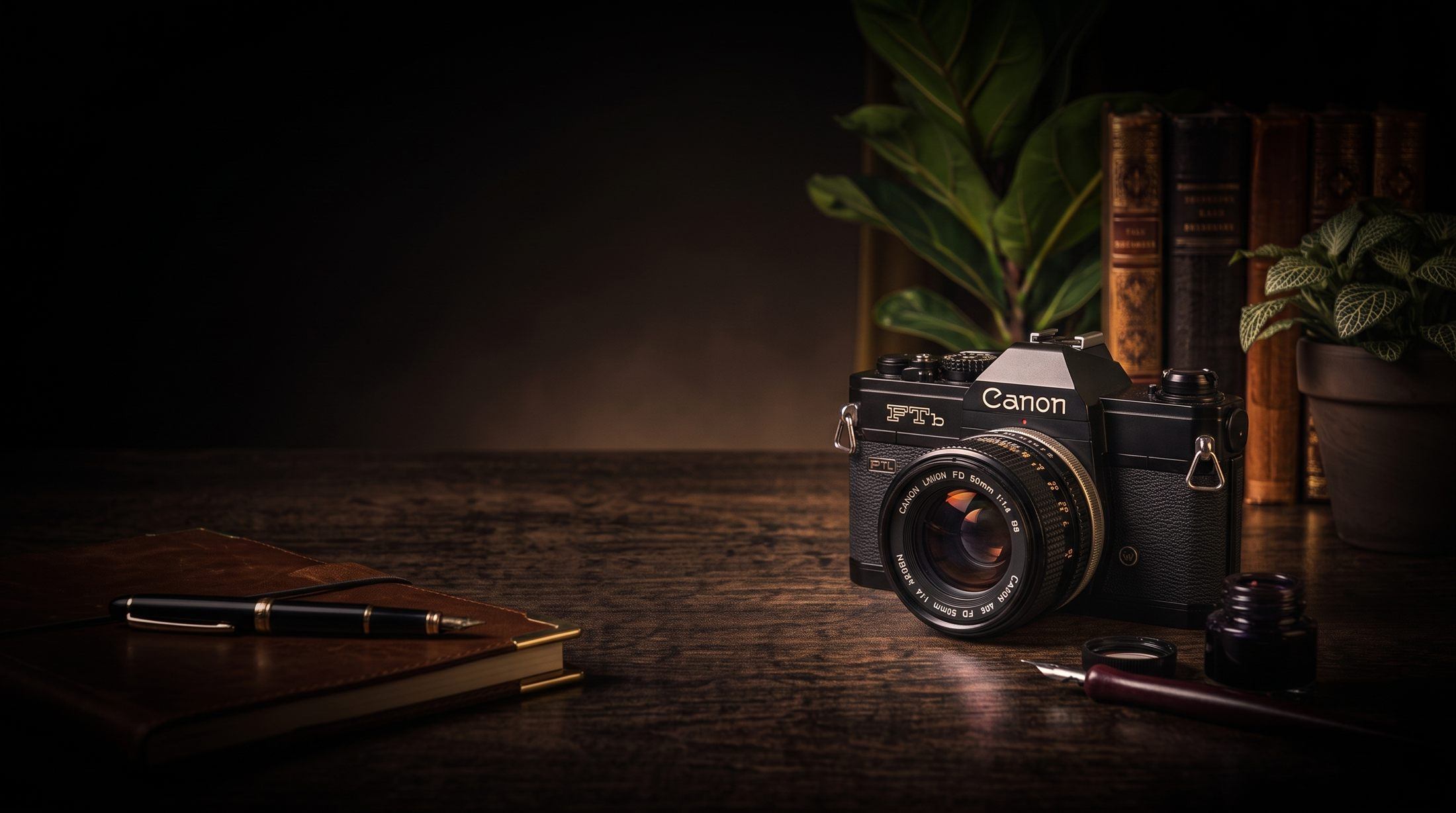 Analogowa lustrzanka Canon FTb z obiektywem FD 50 mm na drewnianym blacie