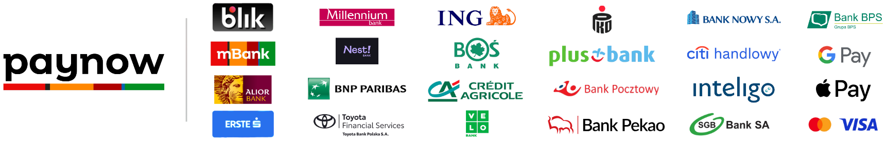Obsługiwane płatności: paynow, BLIK, karty Visa i Mastercard, Apple Pay, Google Pay oraz banki